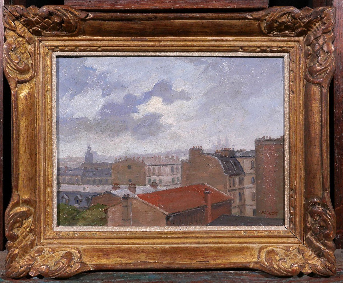 Salvator Sanchis, Paris, Rooftops With Montmartre, Landscape Painting, Circa 1930-40-photo-2