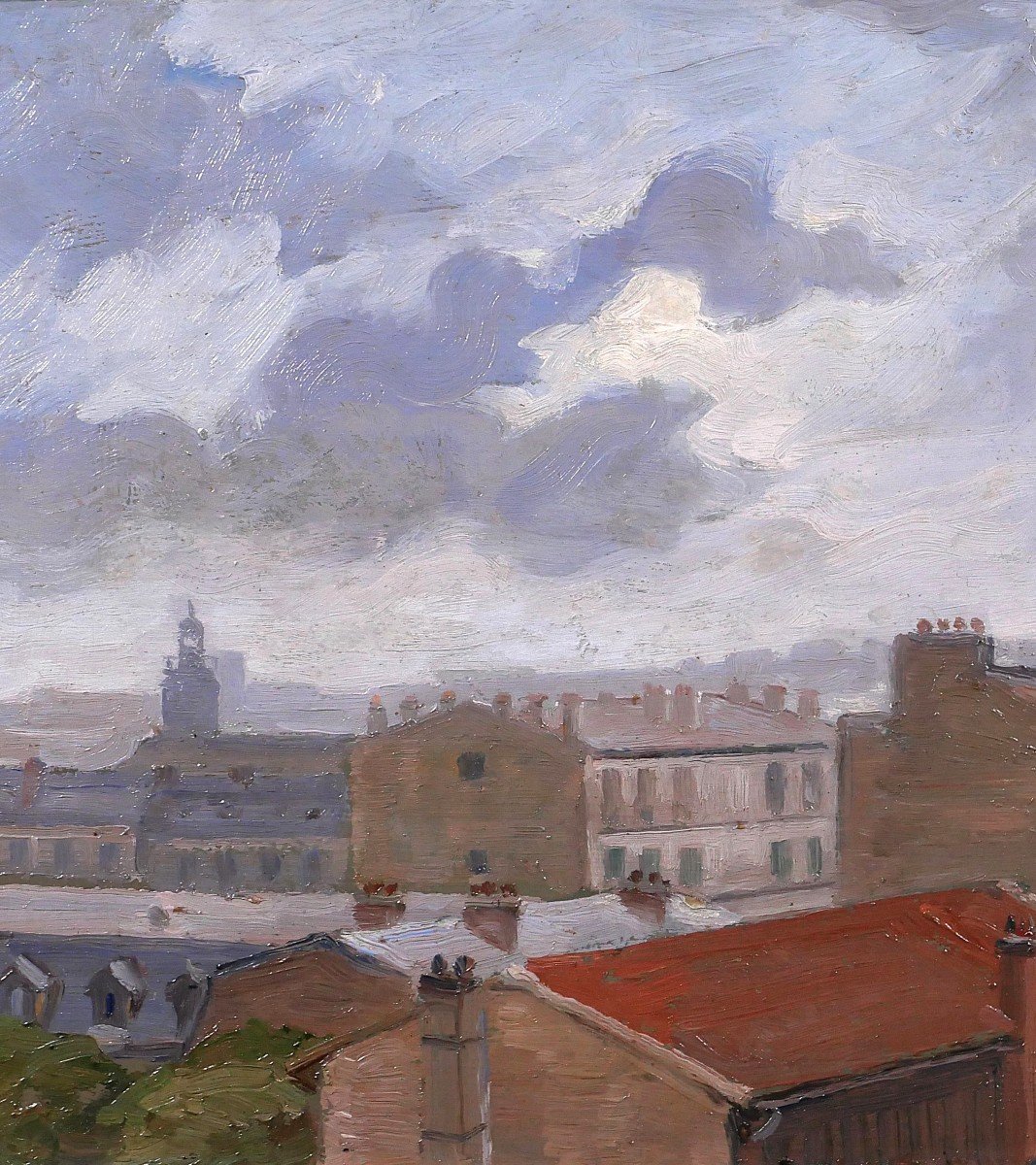 Salvator Sanchis, Paris, Rooftops With Montmartre, Landscape Painting, Circa 1930-40-photo-3