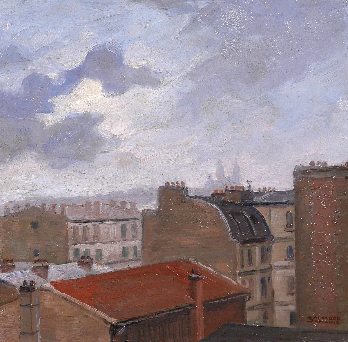 Salvator Sanchis, Paris, Rooftops With Montmartre, Landscape Painting, Circa 1930-40-photo-4