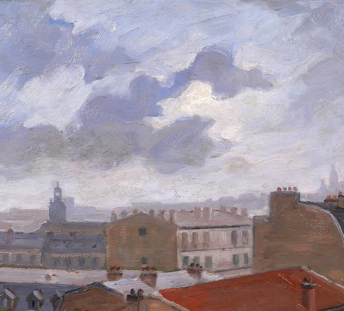 Salvator Sanchis, Paris, Rooftops With Montmartre, Landscape Painting, Circa 1930-40-photo-1