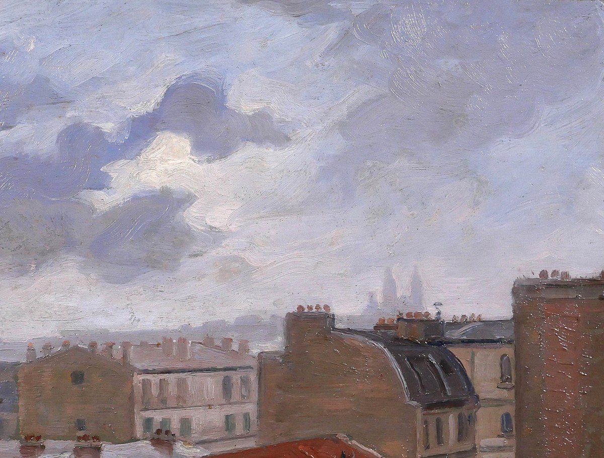 Salvator Sanchis, Paris, Rooftops With Montmartre, Landscape Painting, Circa 1930-40-photo-2