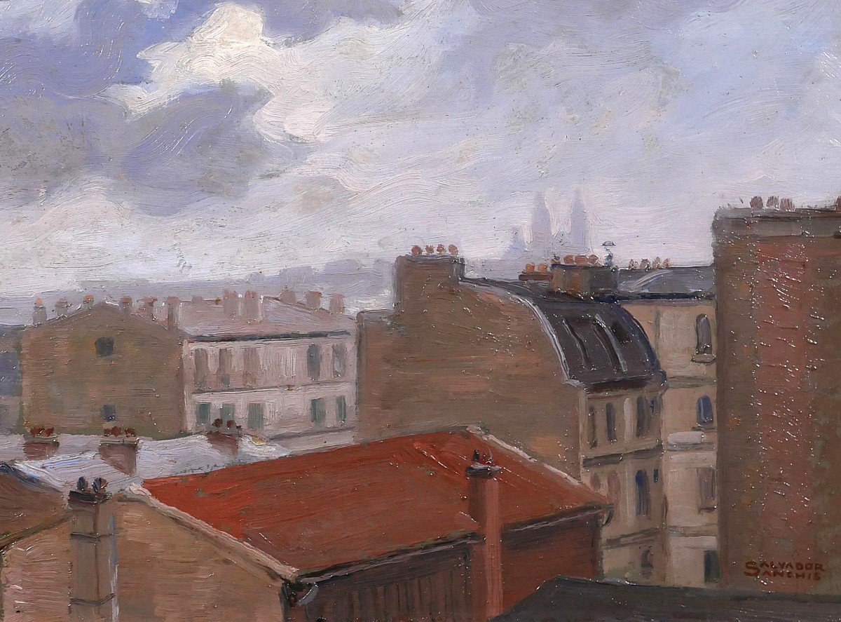 Salvator Sanchis, Paris, Rooftops With Montmartre, Landscape Painting, Circa 1930-40-photo-3