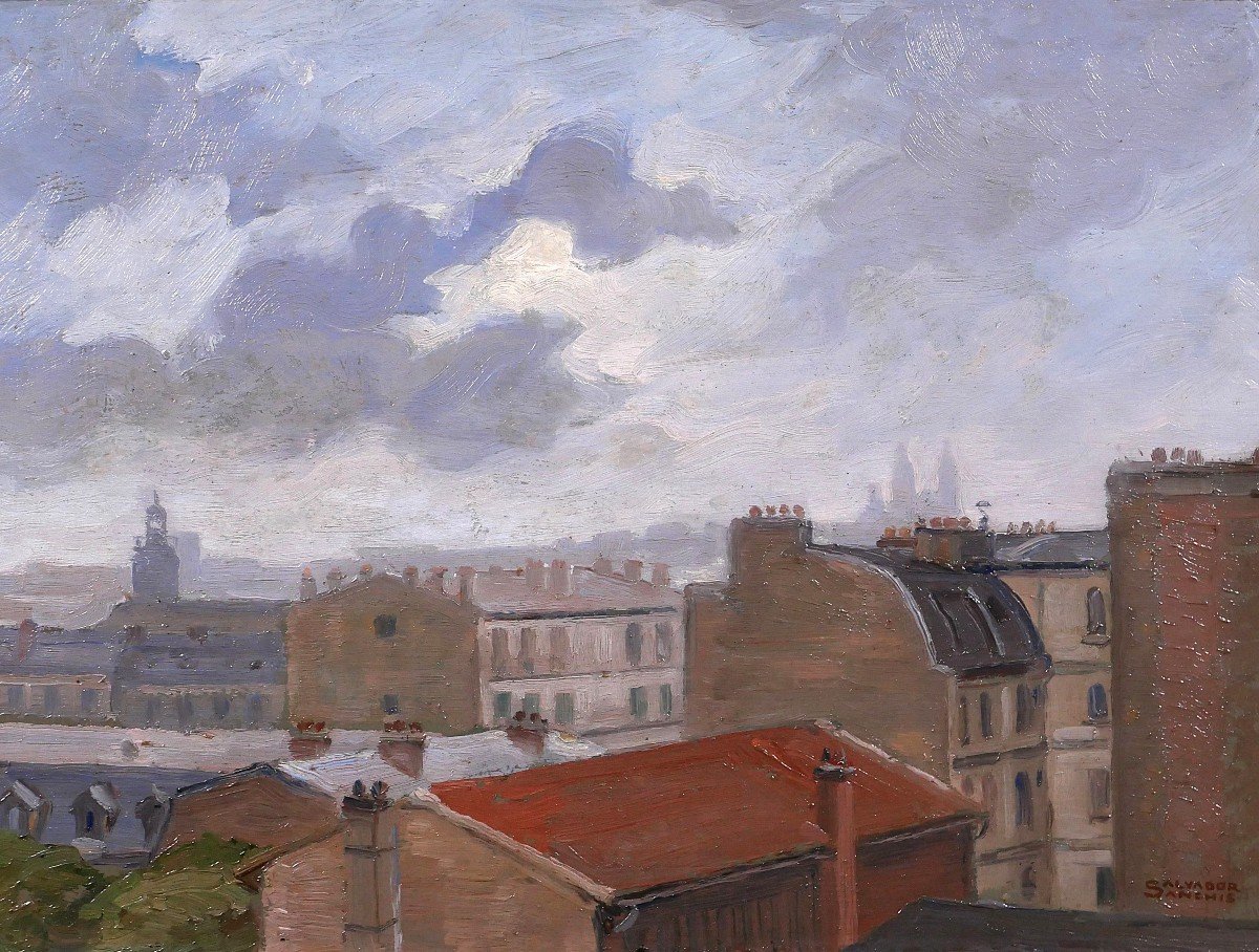 Salvator Sanchis, Paris, Rooftops With Montmartre, Landscape Painting, Circa 1930-40