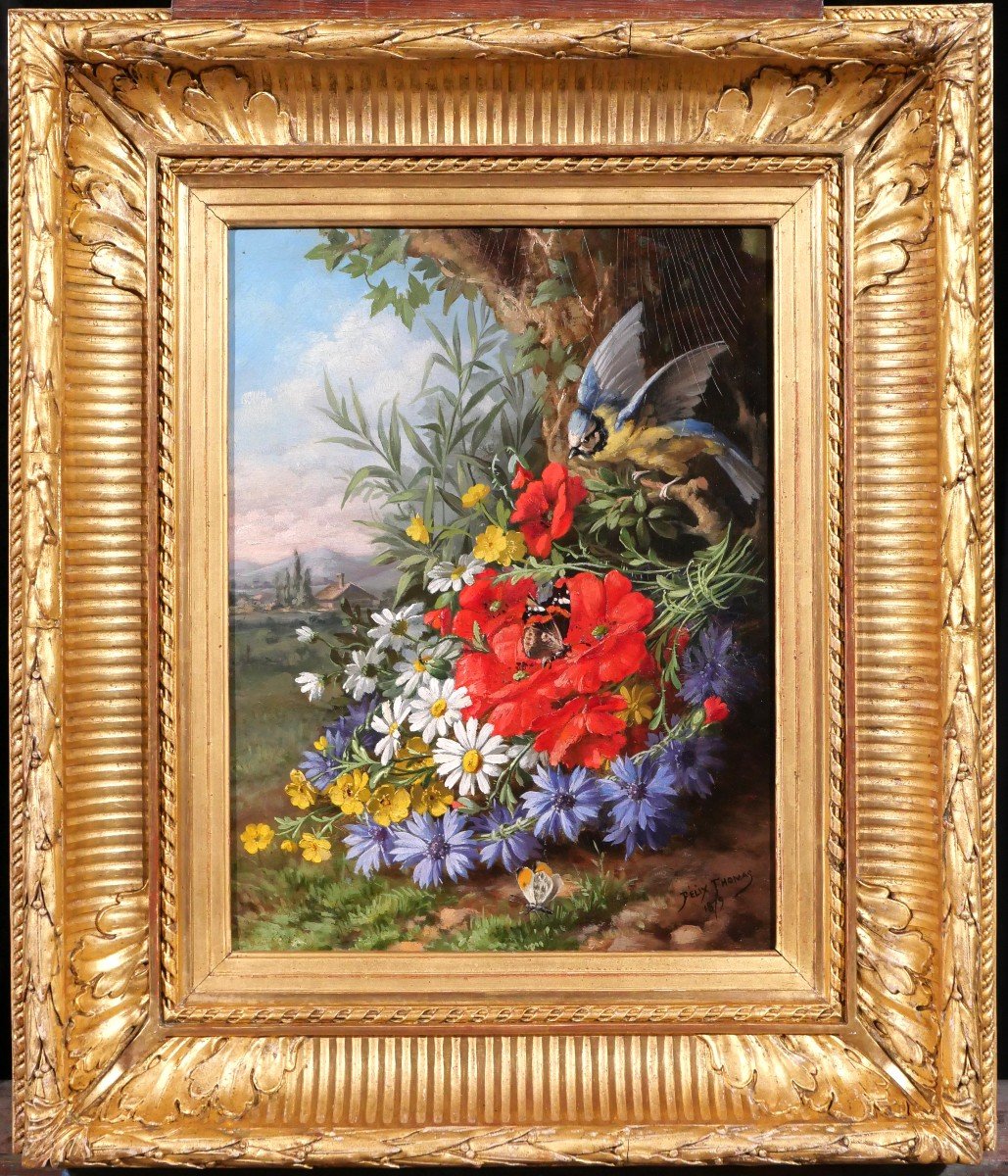 André-Félix THOMAS, Nature morte de fleurs, oiseau (mésange) et papillons, tableau, 1879-photo-2