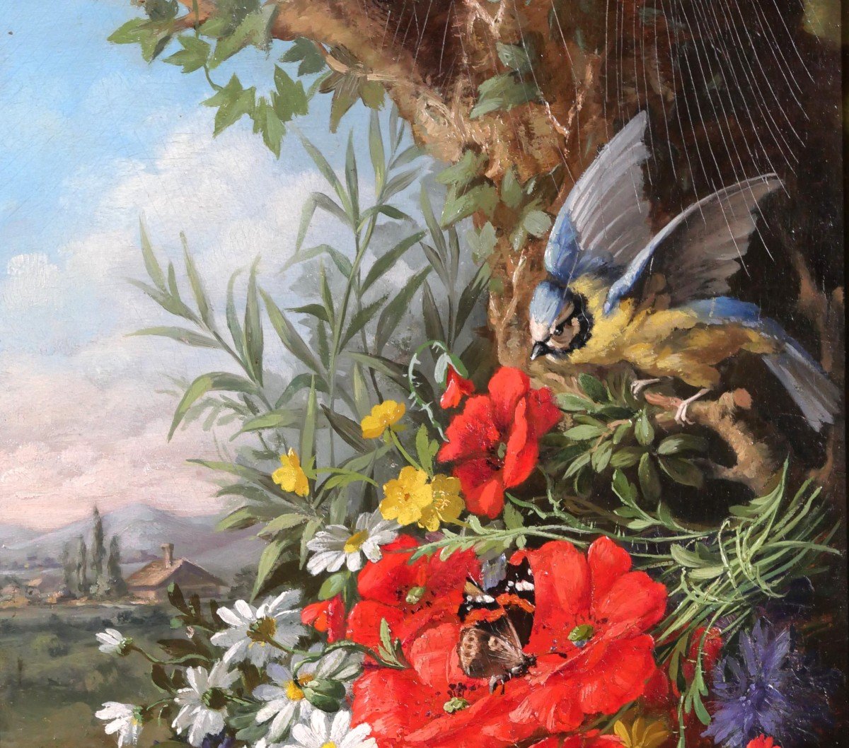 André-Félix THOMAS, Nature morte de fleurs, oiseau (mésange) et papillons, tableau, 1879-photo-3