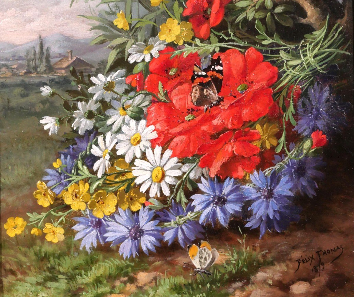 André-Félix THOMAS, Nature morte de fleurs, oiseau (mésange) et papillons, tableau, 1879-photo-4