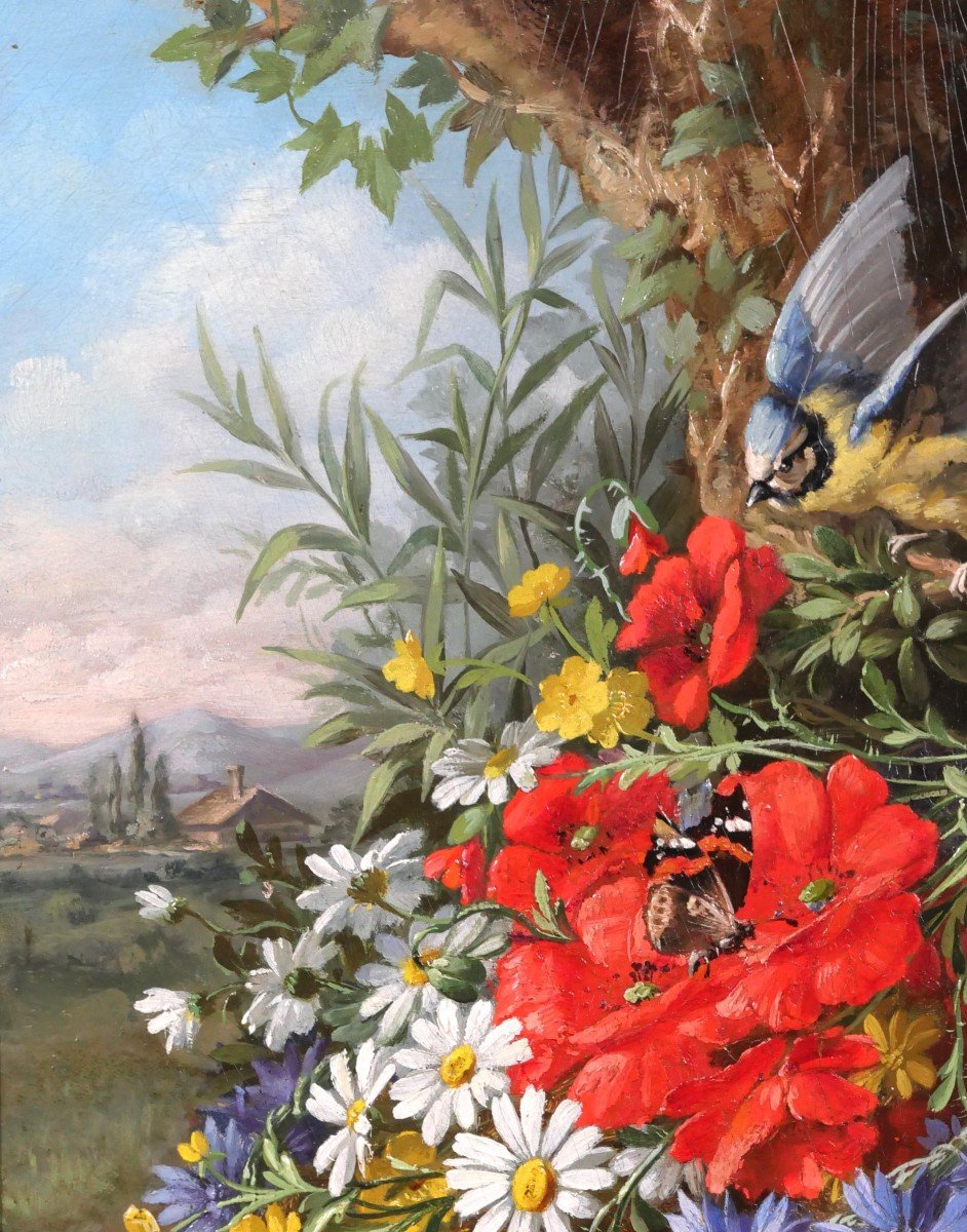 André-Félix THOMAS, Nature morte de fleurs, oiseau (mésange) et papillons, tableau, 1879-photo-1