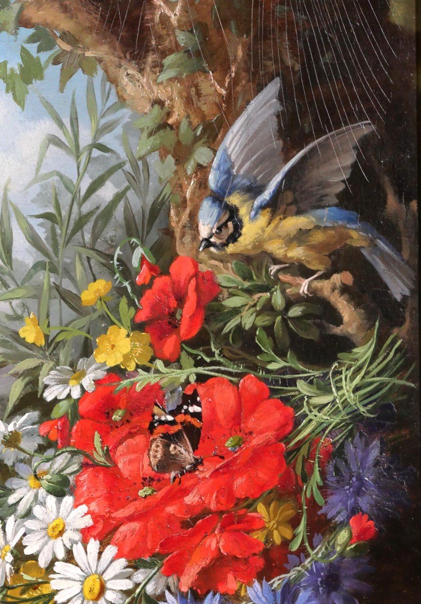 André-Félix THOMAS, Nature morte de fleurs, oiseau (mésange) et papillons, tableau, 1879-photo-2