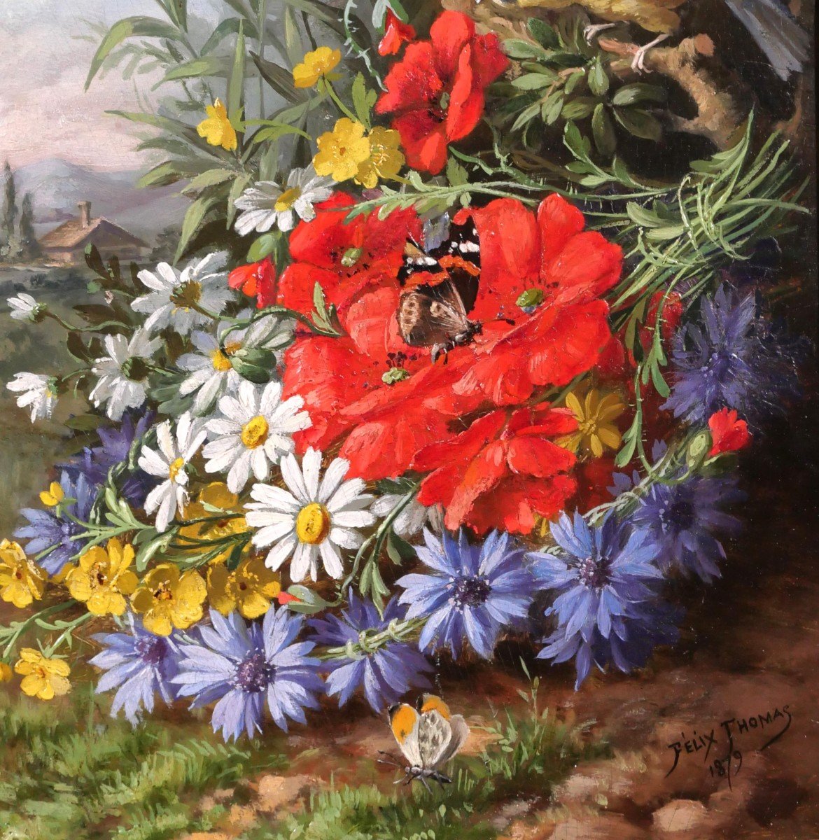 André-félix Thomas, Still Life Of Flowers, Bird (titmouse) And Butterflies, Painting, 1879-photo-3