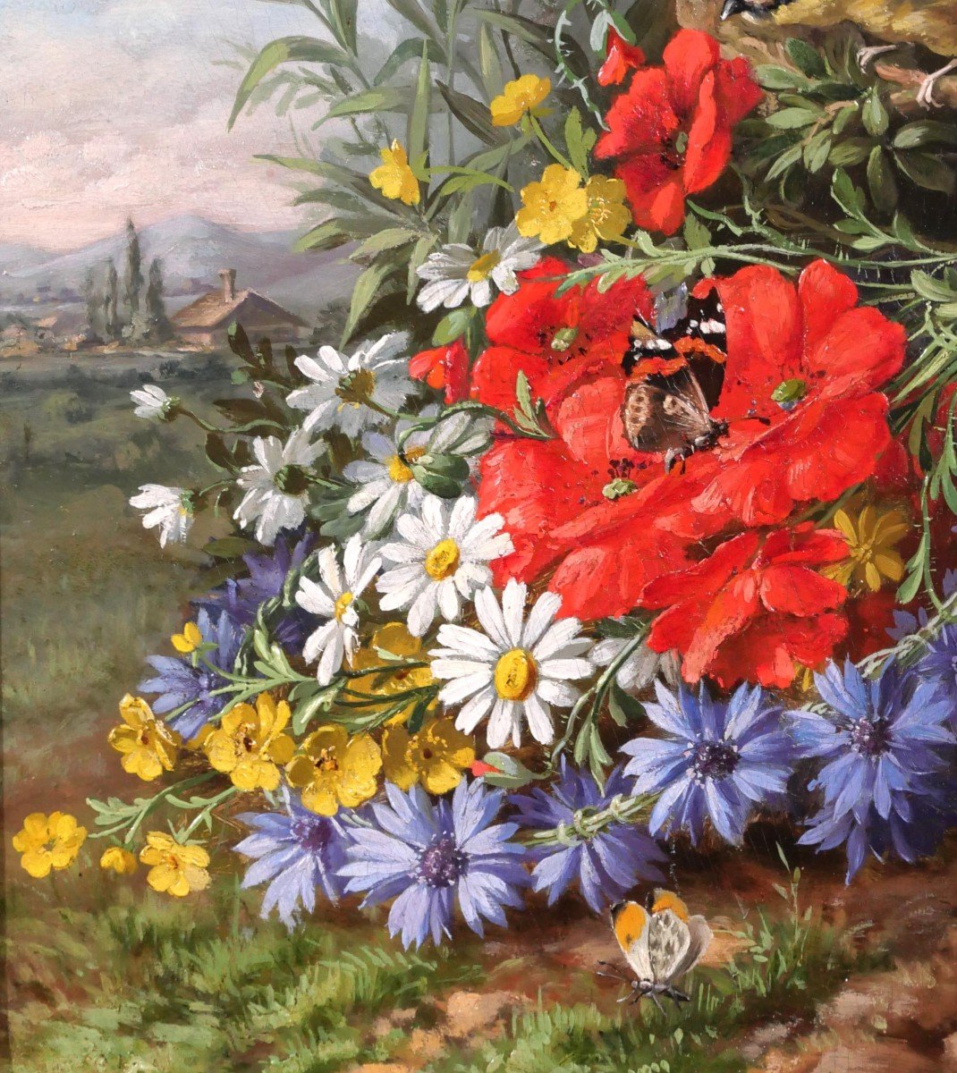 André-Félix THOMAS, Nature morte de fleurs, oiseau (mésange) et papillons, tableau, 1879-photo-4