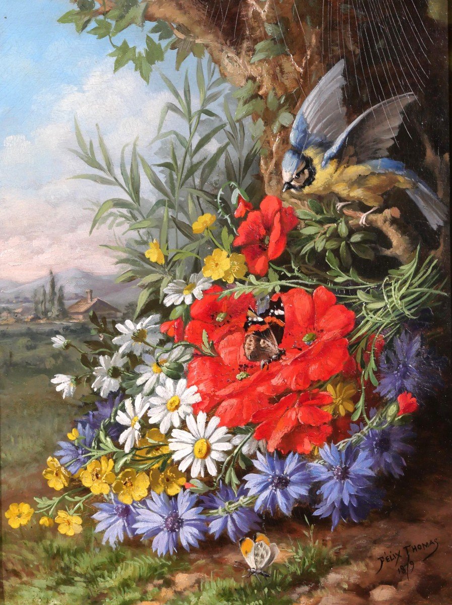 André-Félix THOMAS, Nature morte de fleurs, oiseau (mésange) et papillons, tableau, 1879