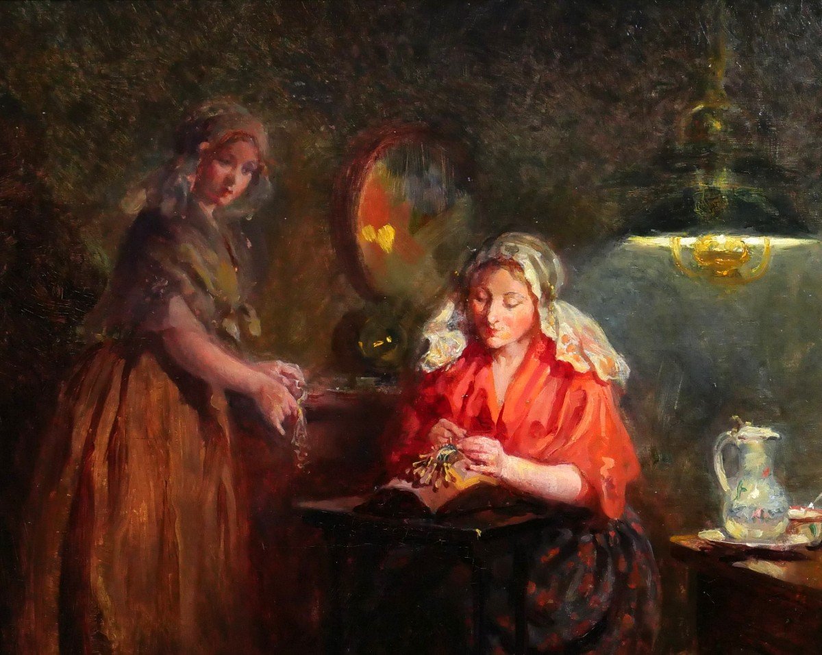 Claude Salvator Hugard Netherlands, The Lacemakers, Evening Effect, Painting-photo-3