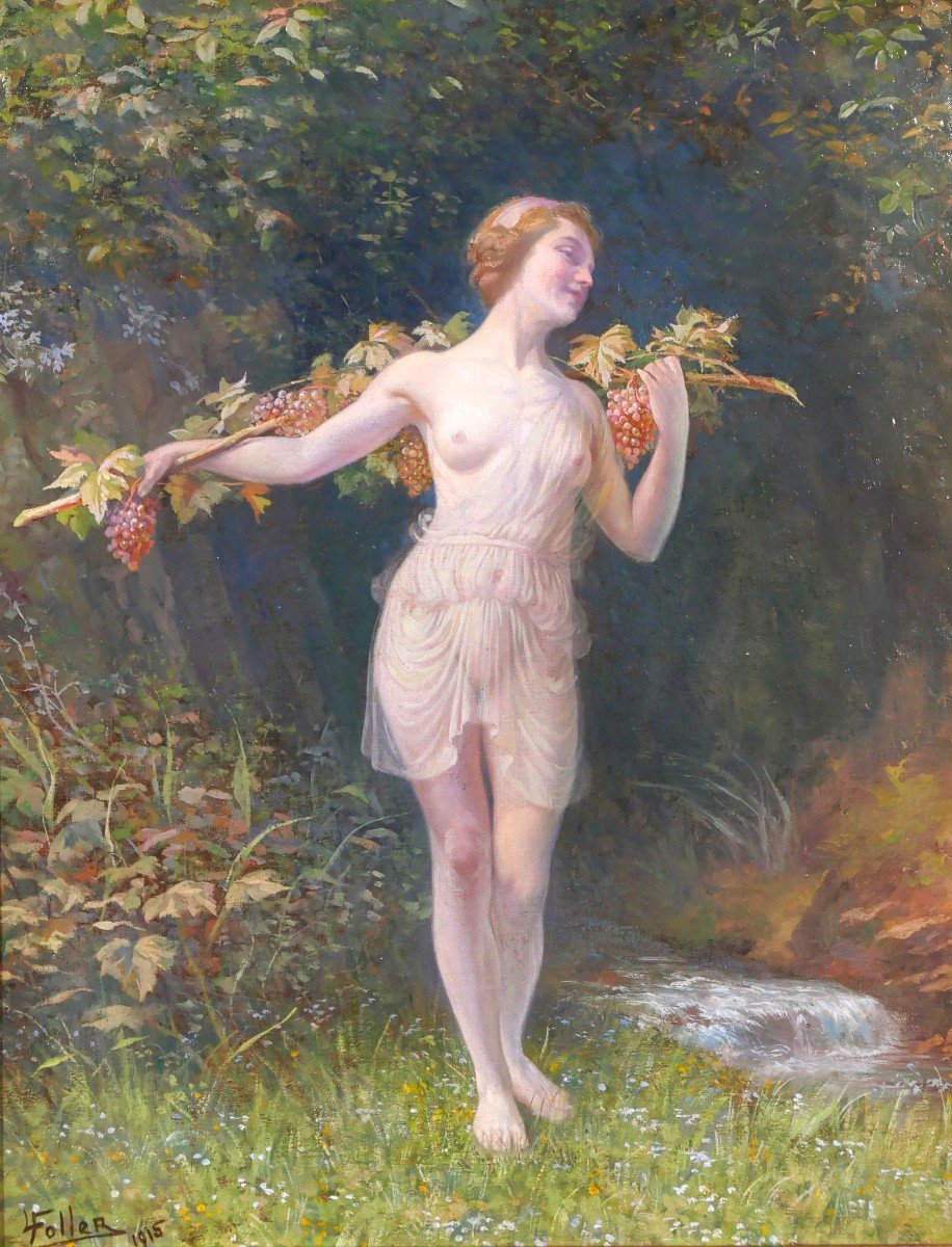 Lucien FOLLER 1869-1938, Bacchante, femme nue, tableau, 1915, Art Nouveau