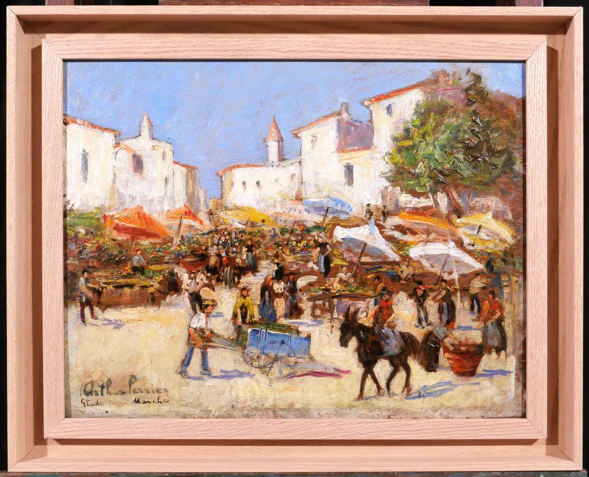 Arthur PERRIER, Paysage de scène de marché, tableau vers 1930, paysage-photo-2