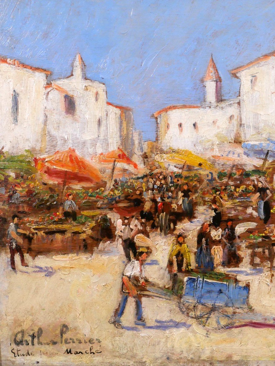 Arthur PERRIER, Paysage de scène de marché, tableau vers 1930, paysage-photo-3