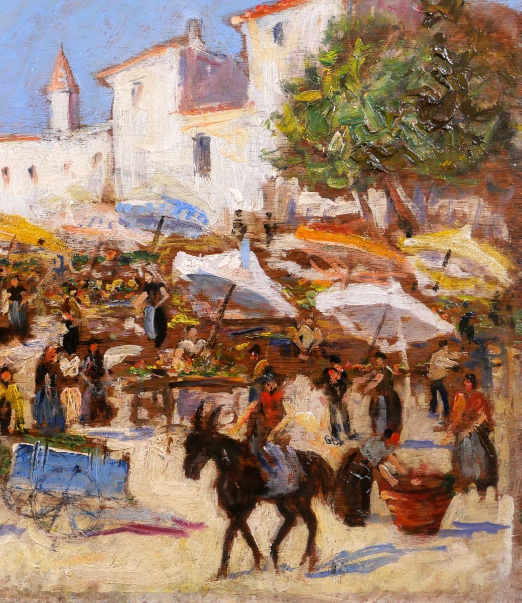 Arthur PERRIER, Paysage de scène de marché, tableau vers 1930, paysage-photo-4