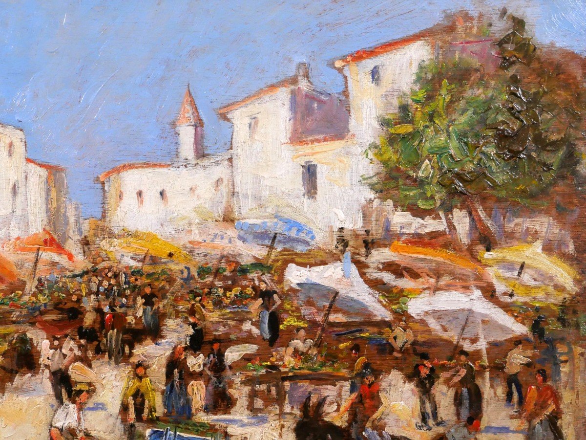 Arthur PERRIER, Paysage de scène de marché, tableau vers 1930, paysage-photo-2