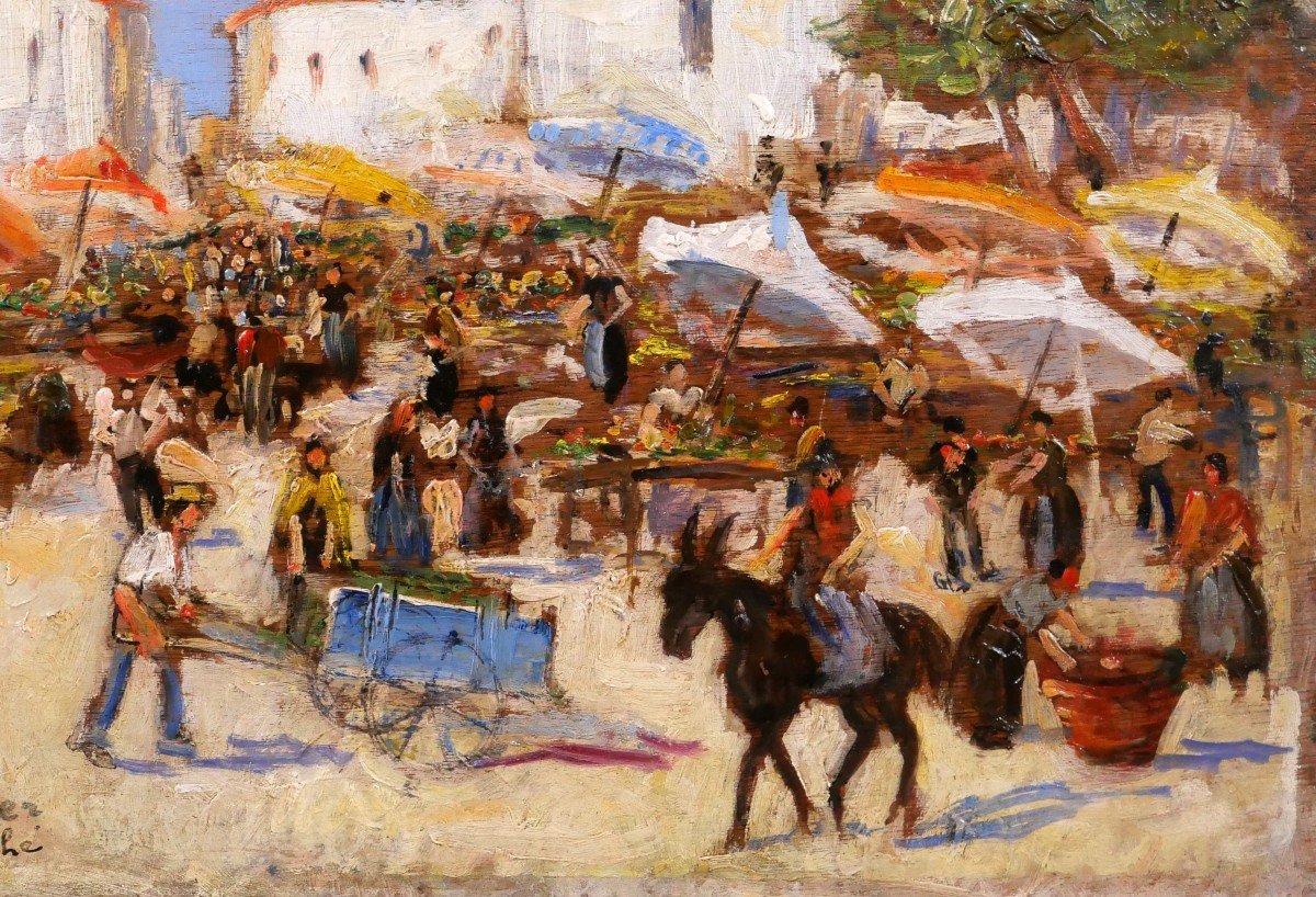 Arthur PERRIER, Paysage de scène de marché, tableau vers 1930, paysage-photo-3