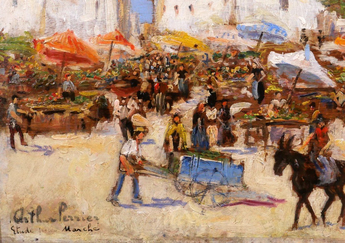 Arthur PERRIER, Paysage de scène de marché, tableau vers 1930, paysage-photo-4