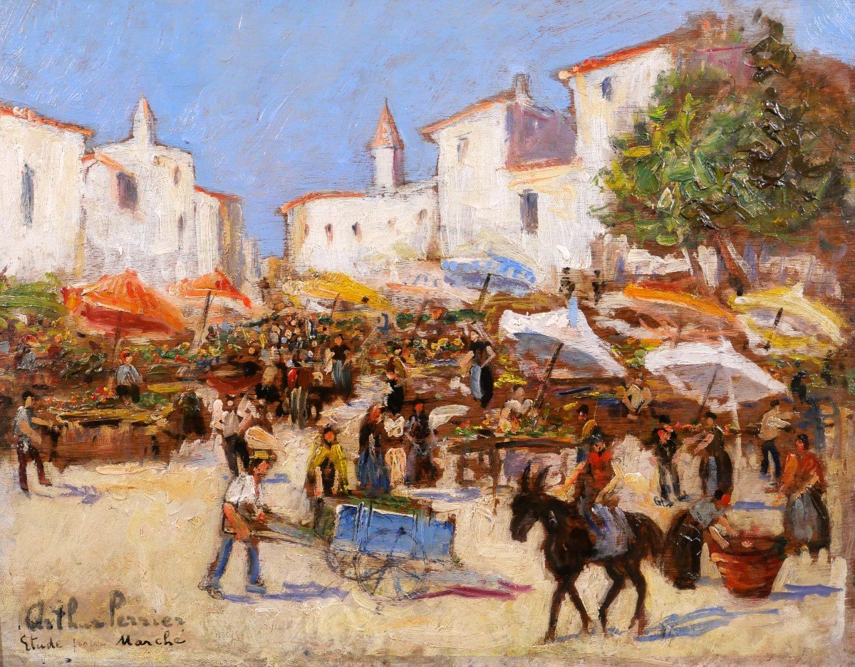 Arthur PERRIER, Paysage de scène de marché, tableau vers 1930, paysage