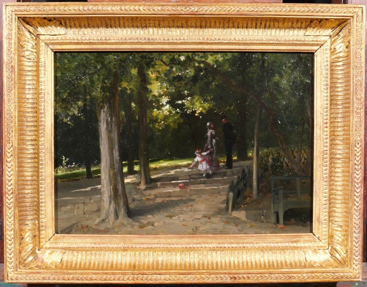 Antoine MORLON 1834-1913 La rencontre au parc, tableau impressionnisme, vers 1880-photo-2