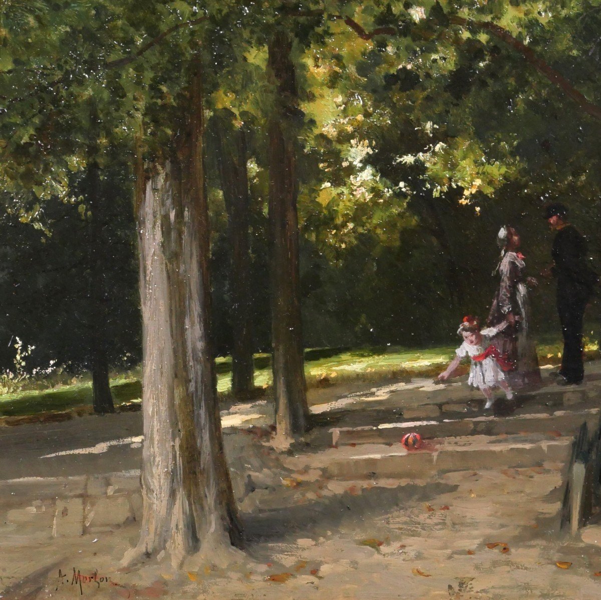 Antoine MORLON 1834-1913 La rencontre au parc, tableau impressionnisme, vers 1880-photo-3