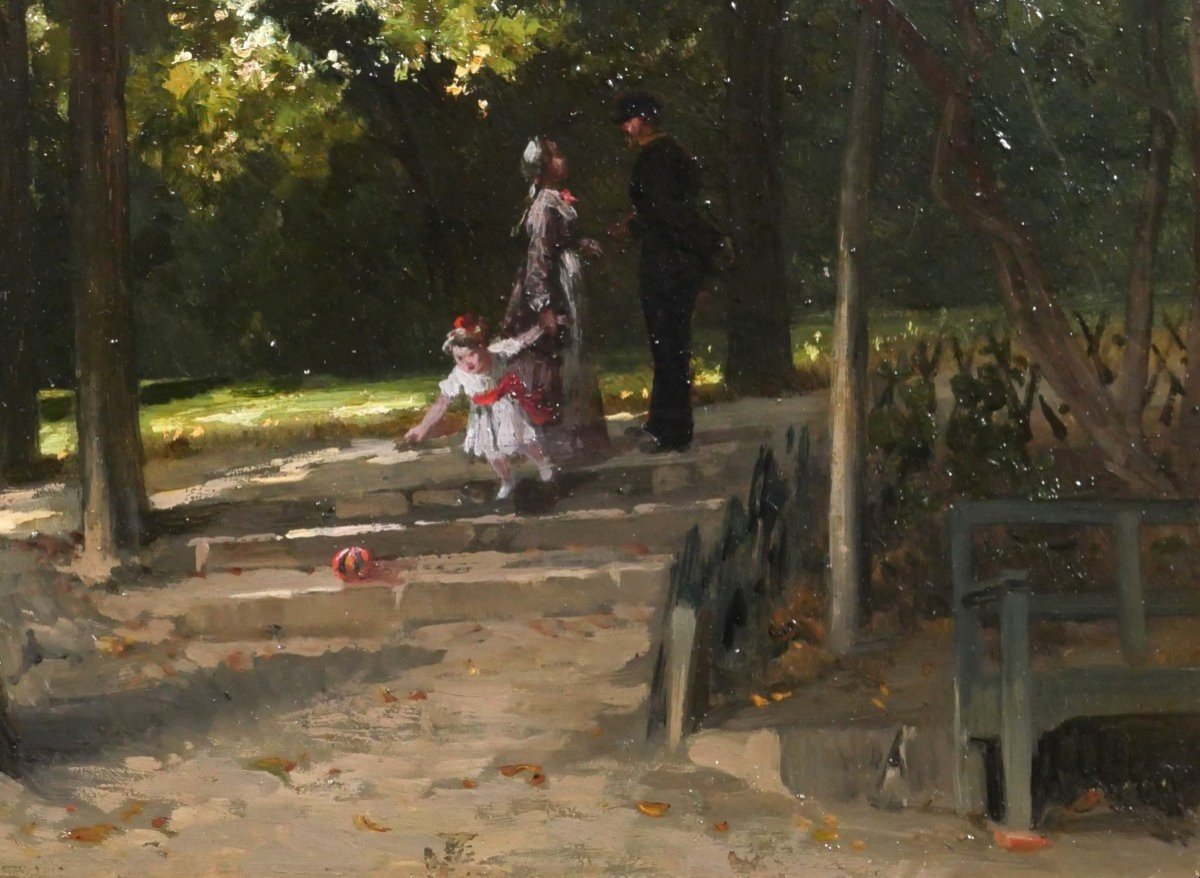 Antoine MORLON 1834-1913 La rencontre au parc, tableau impressionnisme, vers 1880-photo-3