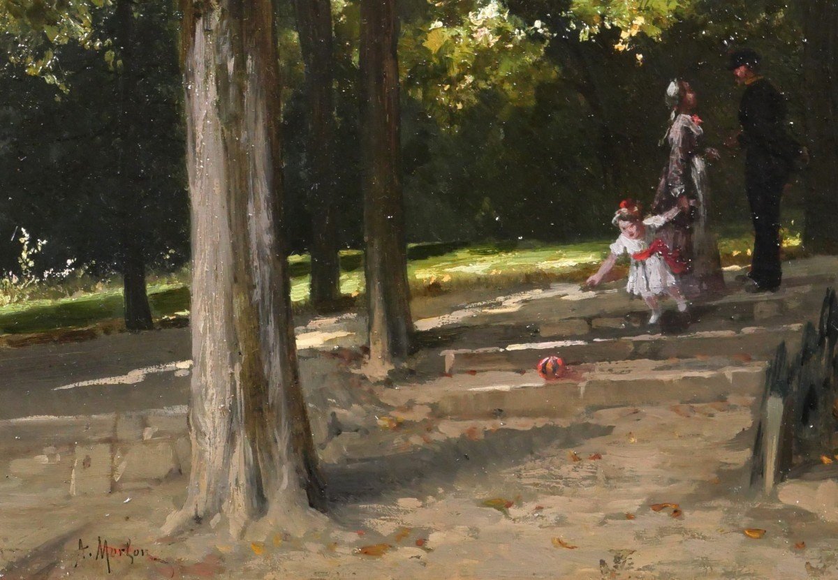 Antoine MORLON 1834-1913 La rencontre au parc, tableau impressionnisme, vers 1880-photo-4