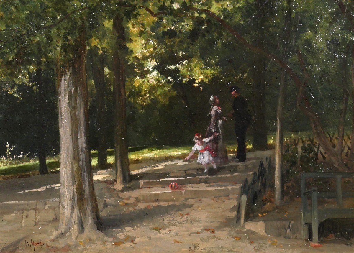 Antoine MORLON 1834-1913 La rencontre au parc, tableau impressionnisme, vers 1880