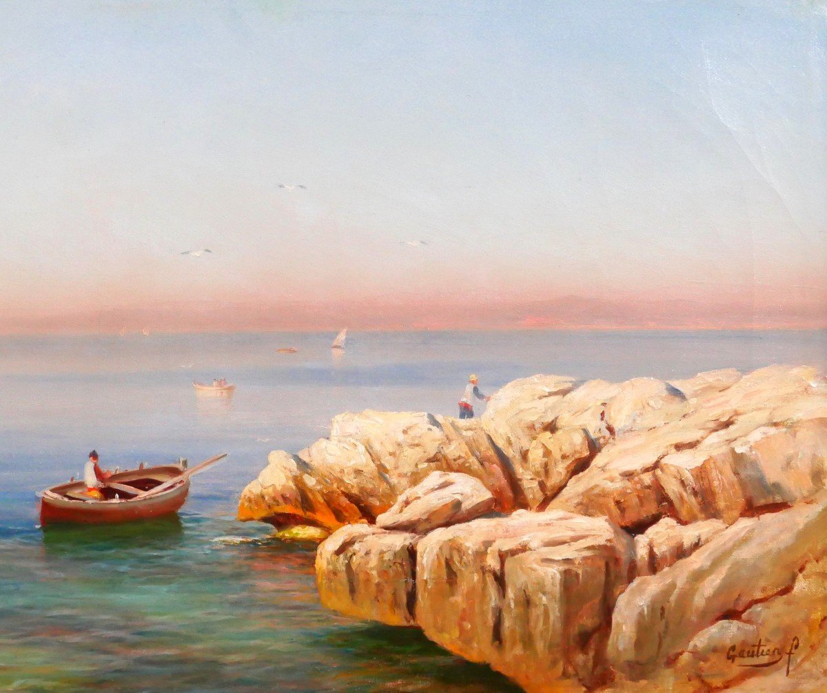 François Gautier 1842-1917 Boat Near Marseille, Painting, Seascape Impressionism, C. 1890-photo-4