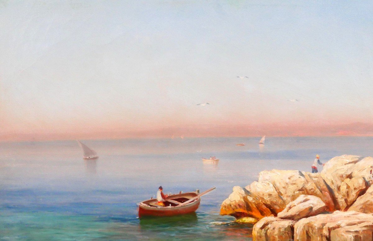 François Gautier 1842-1917 Boat Near Marseille, Painting, Seascape Impressionism, C. 1890-photo-1