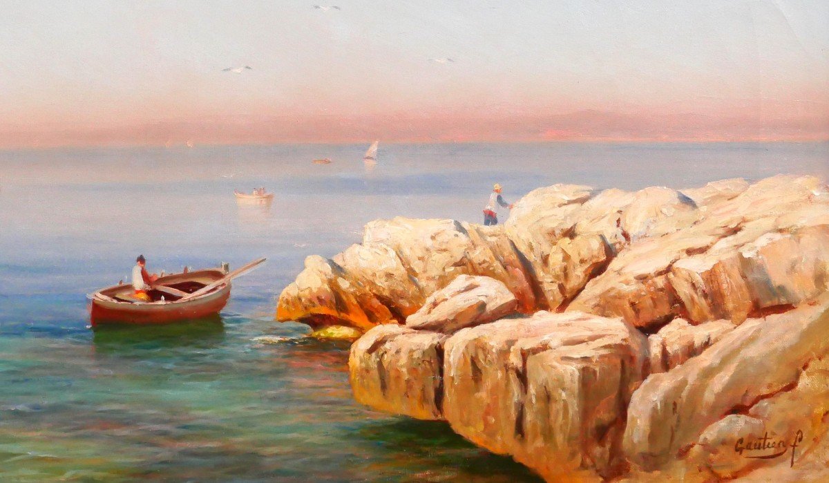 François Gautier 1842-1917 Boat Near Marseille, Painting, Seascape Impressionism, C. 1890-photo-3