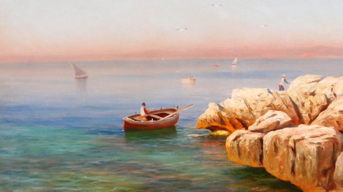 François Gautier 1842-1917 Boat Near Marseille, Painting, Seascape Impressionism, C. 1890-photo-4