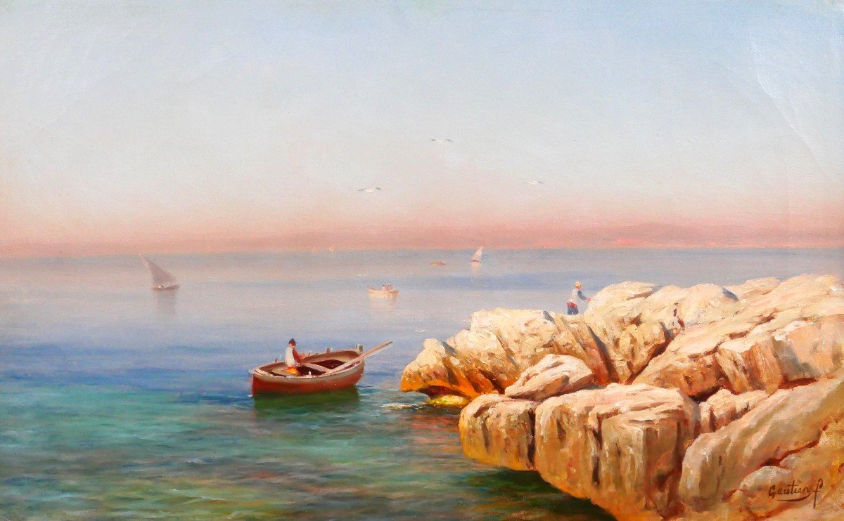 François Gautier 1842-1917 Boat Near Marseille, Painting, Seascape Impressionism, C. 1890