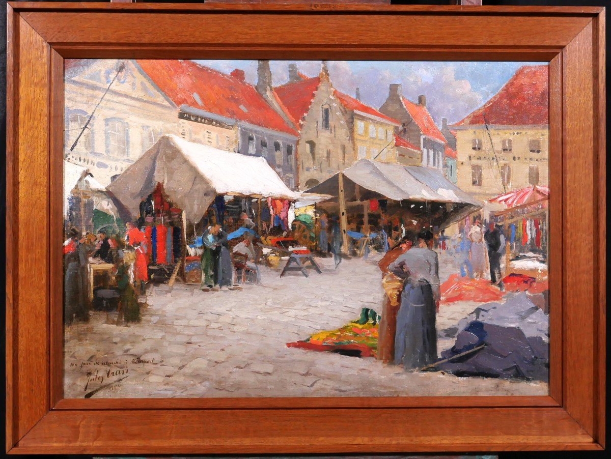 Jules Cran 1876-1926 Belgium, Market Day In Nieuwpoort, Painting, 1906, Impressionism-photo-2