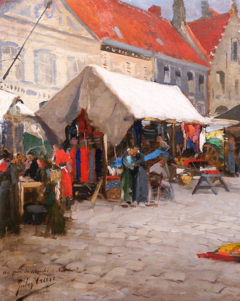 Jules Cran 1876-1926 Belgium, Market Day In Nieuwpoort, Painting, 1906, Impressionism-photo-3