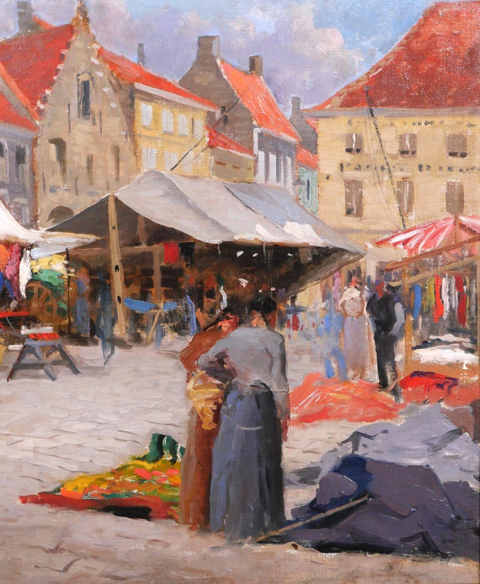 Jules Cran 1876-1926 Belgium, Market Day In Nieuwpoort, Painting, 1906, Impressionism-photo-4