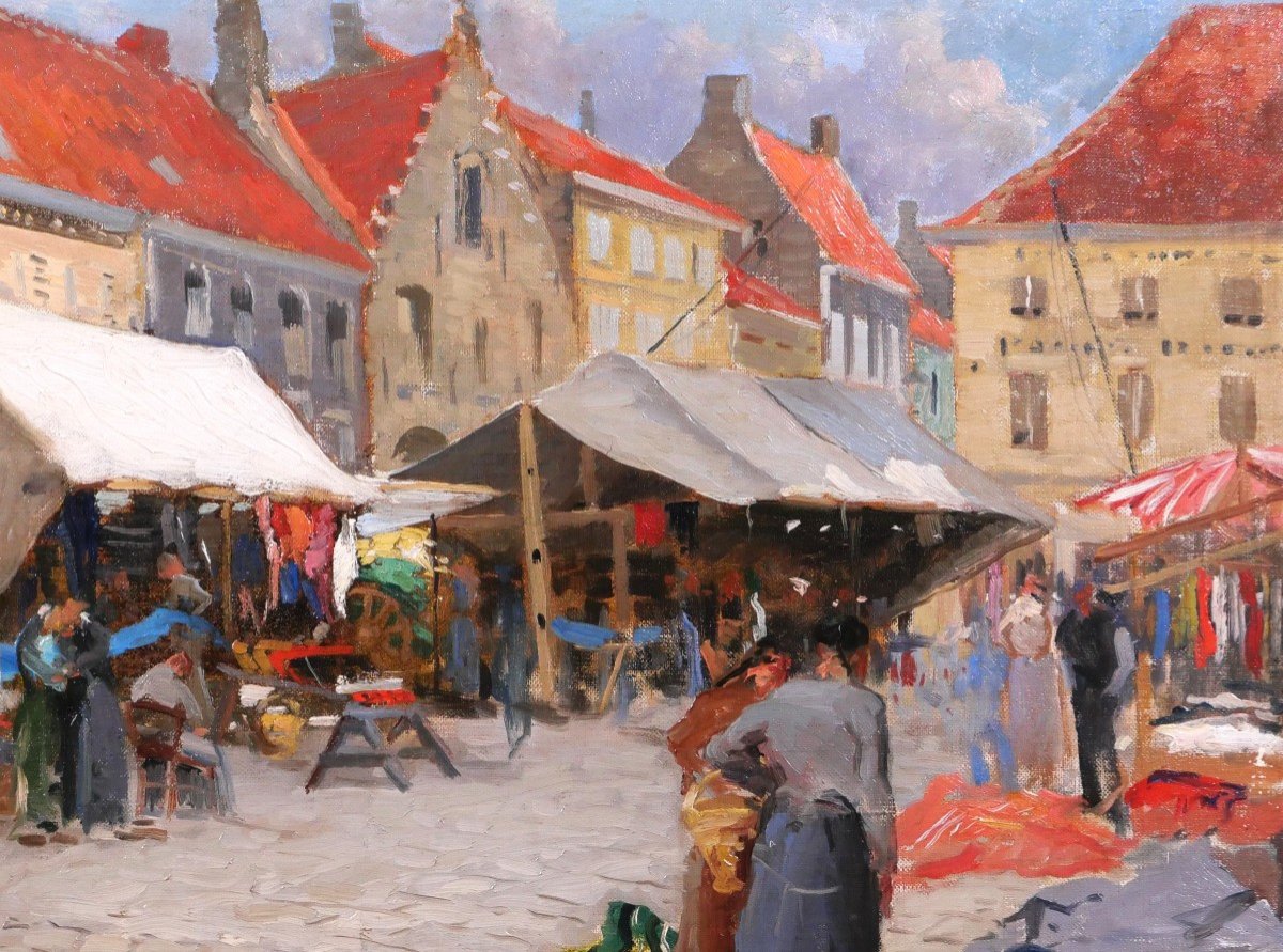 Jules Cran 1876-1926 Belgium, Market Day In Nieuwpoort, Painting, 1906, Impressionism-photo-2