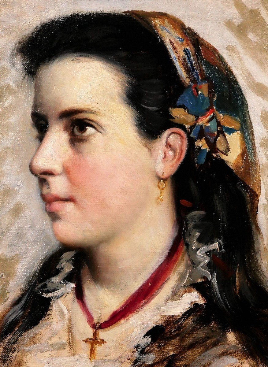 Jules GARDOT 1828-1891 Portrait d'une jeune femme italienne, tableau, Italie, vers 1870-photo-3