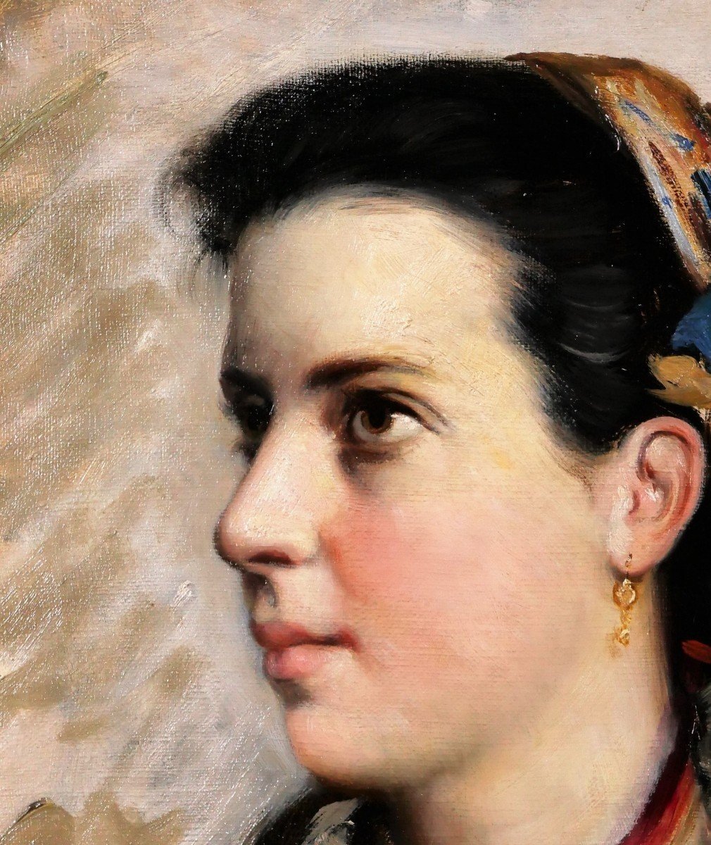 Jules GARDOT 1828-1891 Portrait d'une jeune femme italienne, tableau, Italie, vers 1870-photo-1