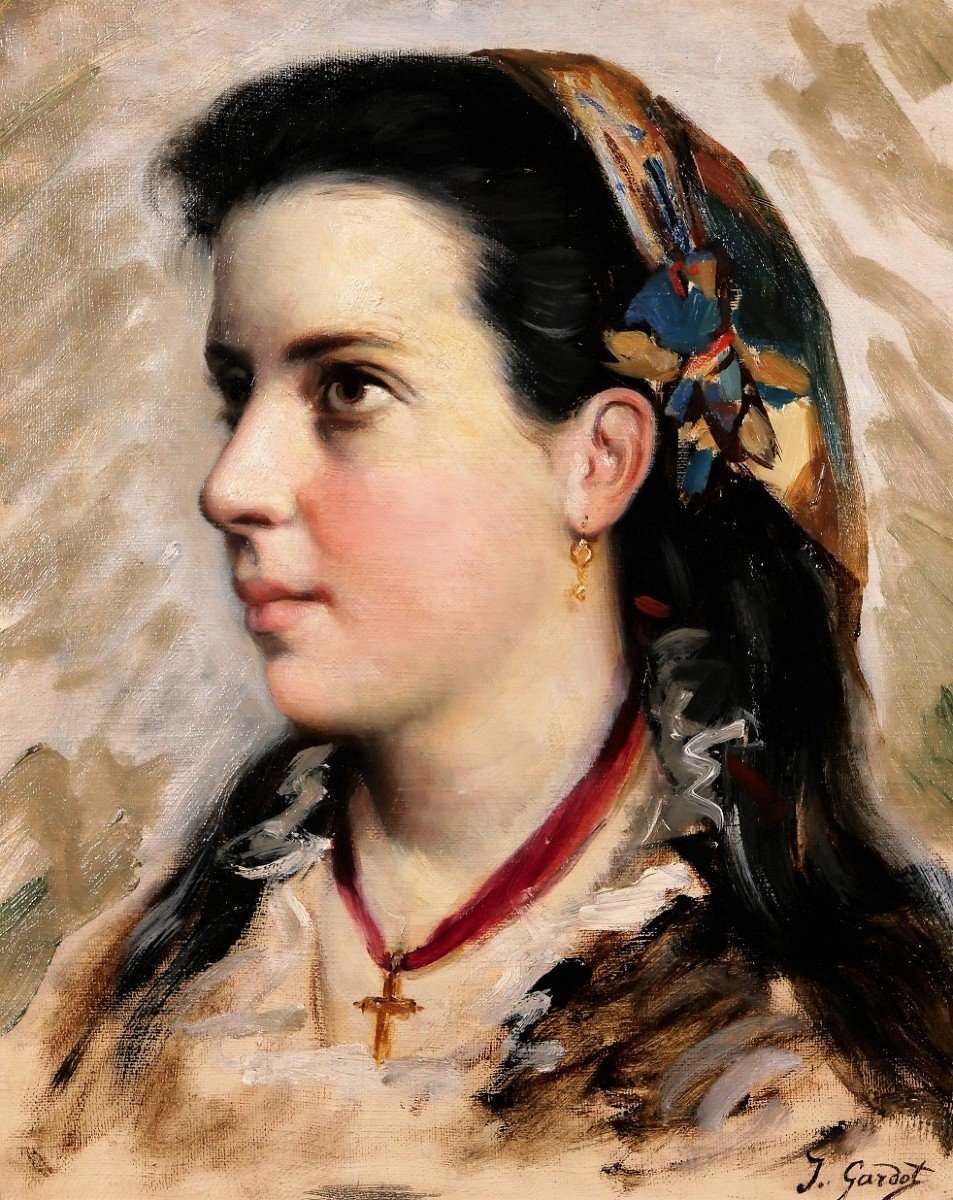 Jules GARDOT 1828-1891 Portrait d'une jeune femme italienne, tableau, Italie, vers 1870