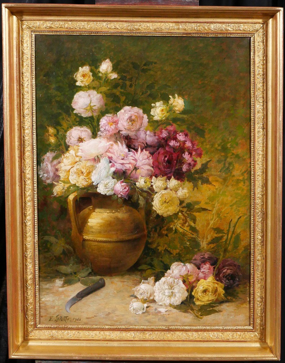 Emile Laporte 1841-1919 Nature morte de fleurs (roses), grand tableau, 1910, jardin-photo-2