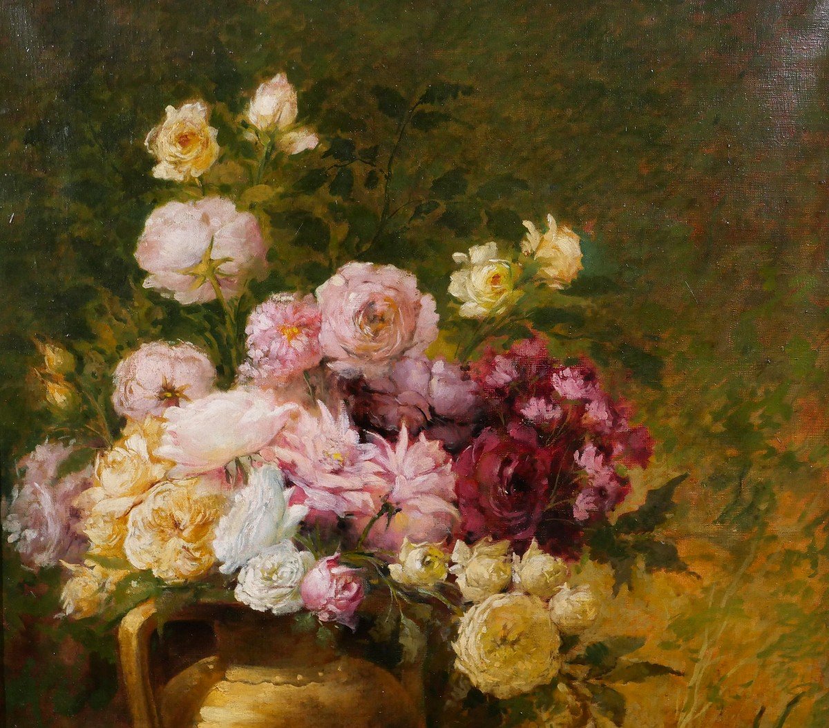 Emile Laporte 1841-1919 Nature morte de fleurs (roses), grand tableau, 1910, jardin-photo-3