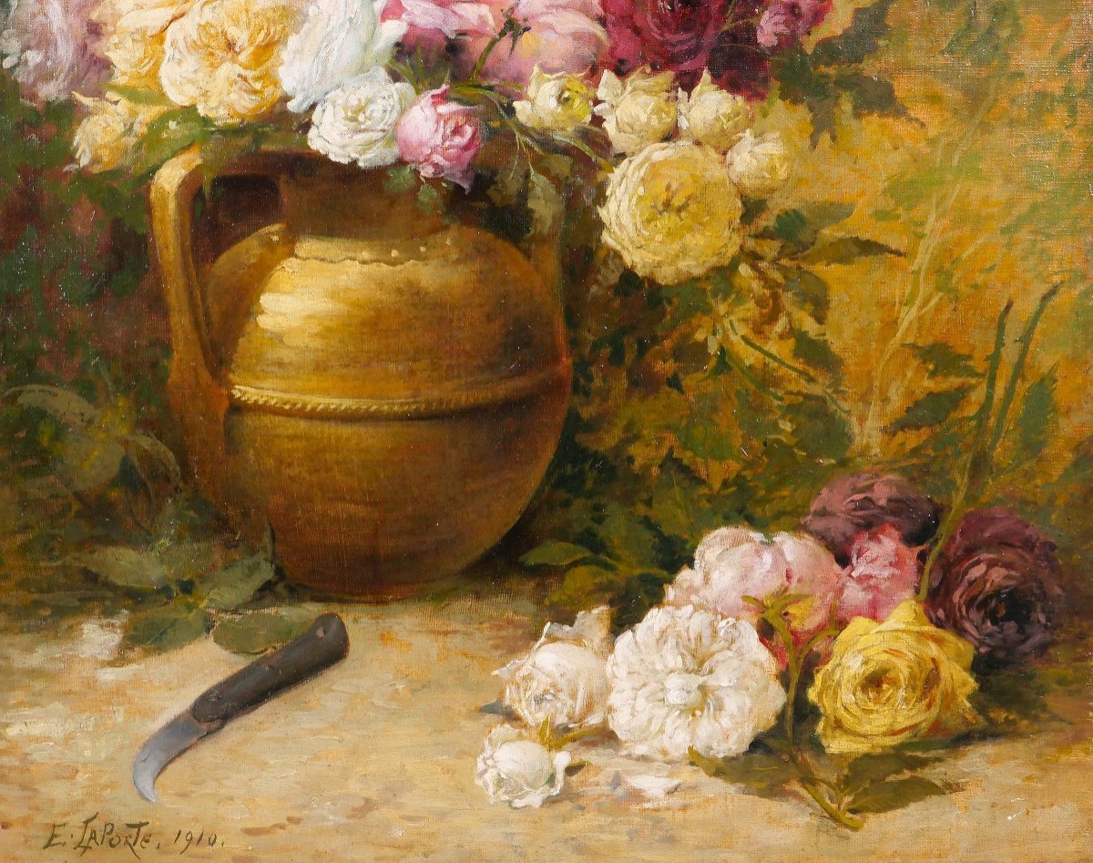 Emile Laporte 1841-1919 Nature morte de fleurs (roses), grand tableau, 1910, jardin-photo-4