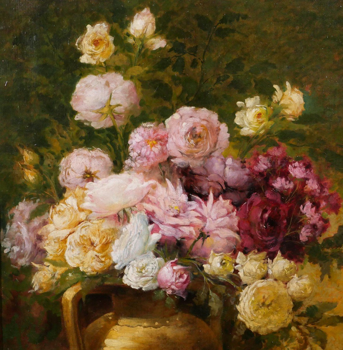 Emile Laporte 1841-1919 Nature morte de fleurs (roses), grand tableau, 1910, jardin-photo-1