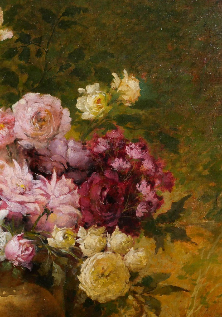 Emile Laporte 1841-1919 Nature morte de fleurs (roses), grand tableau, 1910, jardin-photo-2