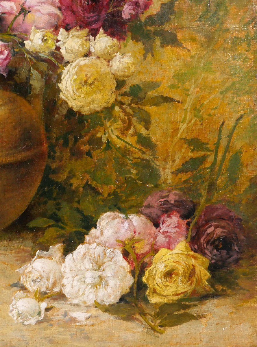 Emile Laporte 1841-1919 Nature morte de fleurs (roses), grand tableau, 1910, jardin-photo-3