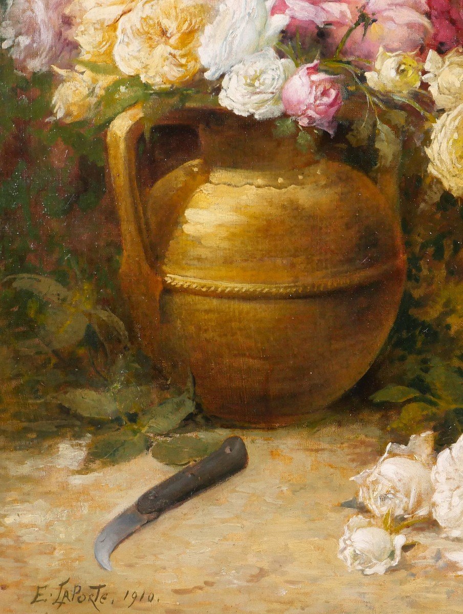 Emile Laporte 1841-1919 Still Life Of Flowers (roses), Large Painting, 1910, Garden-photo-4