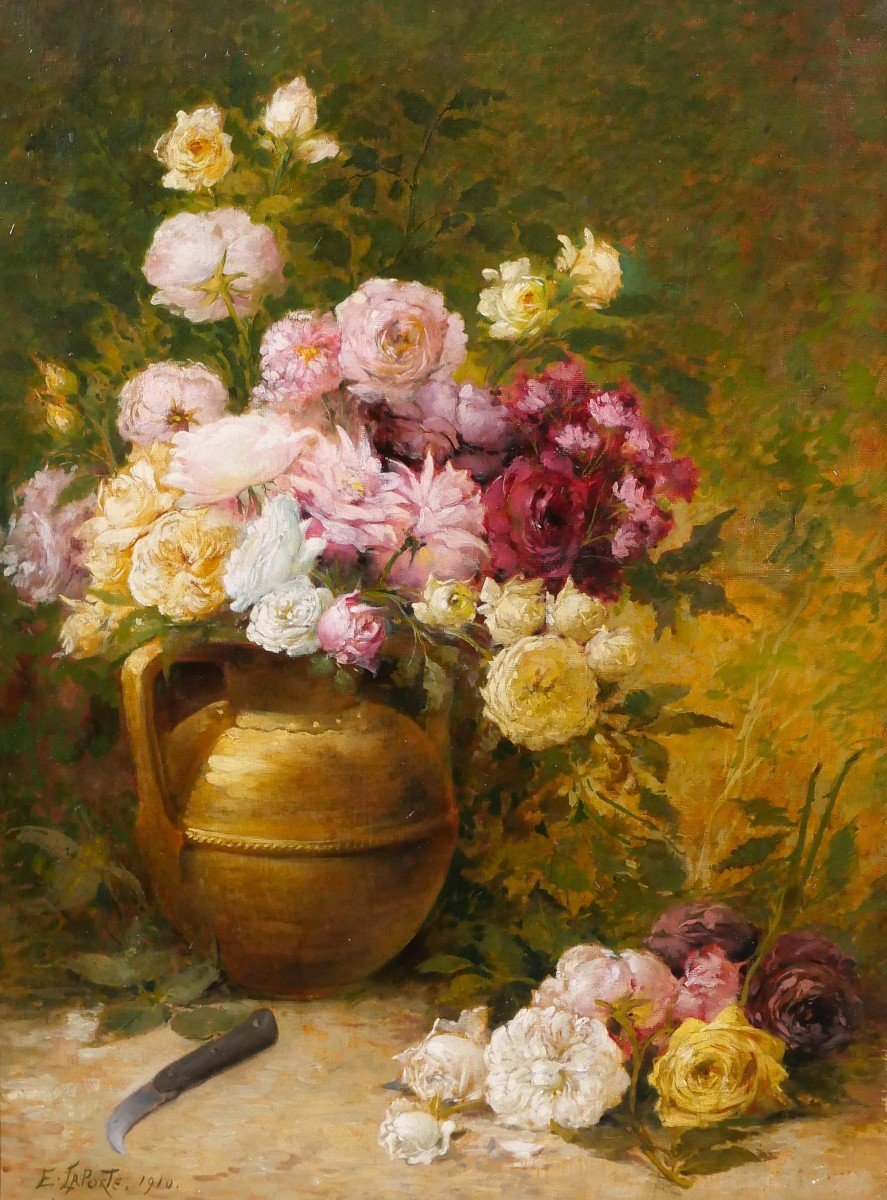 Emile Laporte 1841-1919 Nature morte de fleurs (roses), grand tableau, 1910, jardin