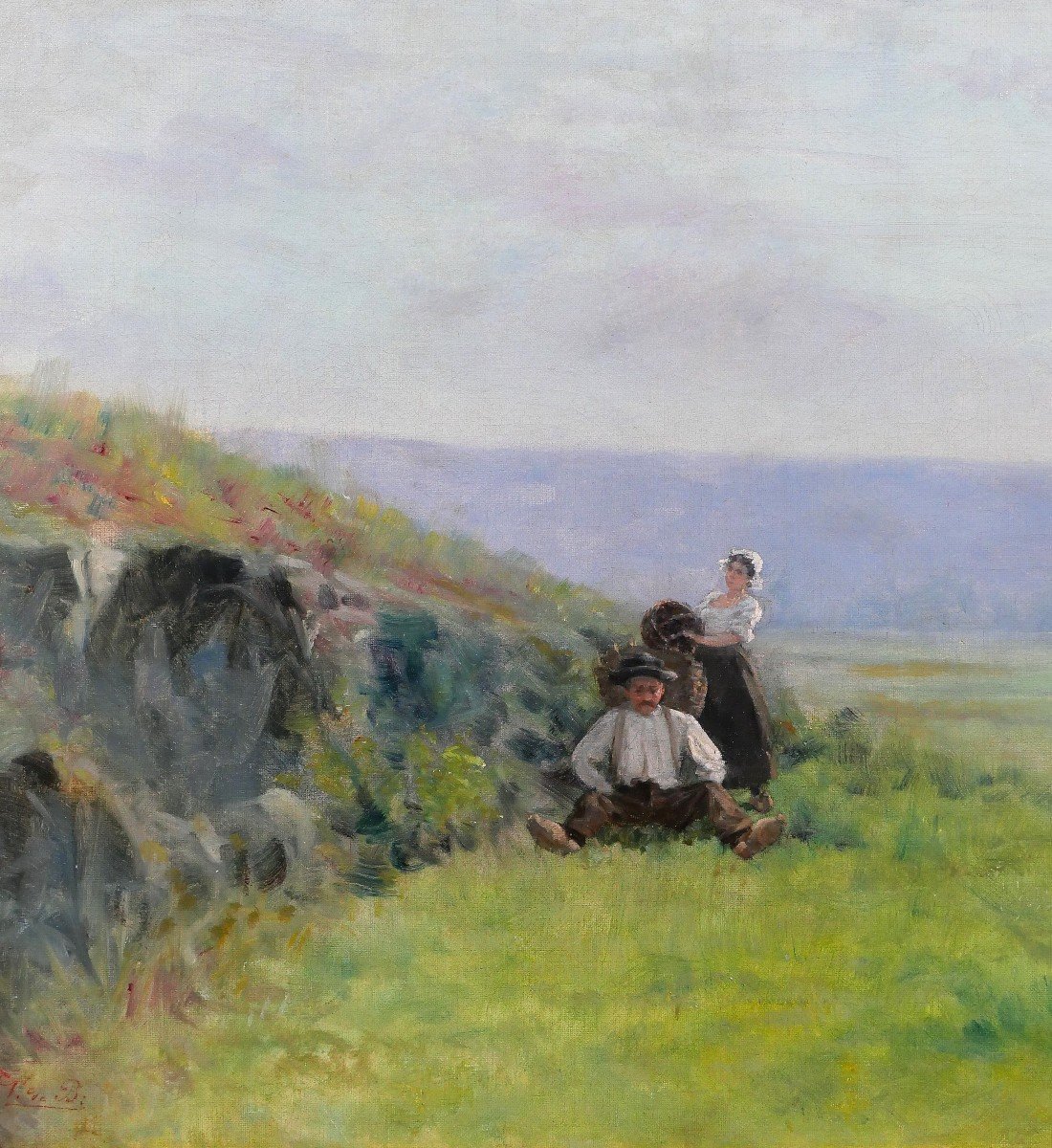 Ecole française vers 1880-90, Paysage, la récolte, tableau impressionnisme, signé-photo-3